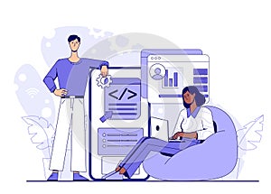 Developers working on programming interface. Vector illustration