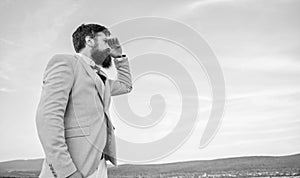 Developing business direction. Businessman bearded face sky background. Changing course. New business direction. Looking