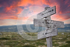 Developing creative mindset text engraved in wooden signpost outdoors in nature during sunset