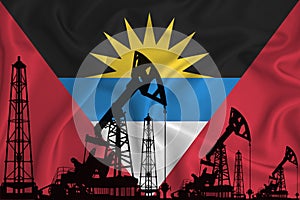 Developing Flag of antigua and barbuda. Silhouette of drilling rigs and oil rigs on a flag background. Oil and gas industry. The