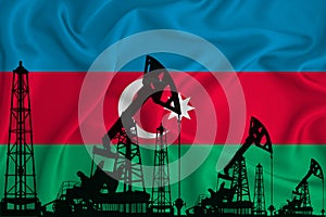 Developing Flag of azerbaijan. Silhouette of drilling rigs and oil rigs on a flag background. Oil and gas industry. The concept of
