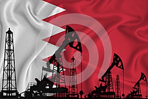 Developing Flag of Bahreyn. Silhouette of drilling rigs and oil rigs on a flag background. Oil and gas industry. The concept of