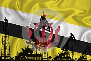 Developing Flag of Brunei. Silhouette of drilling rigs and oil rigs on a flag background. Oil and gas industry. The concept of oil