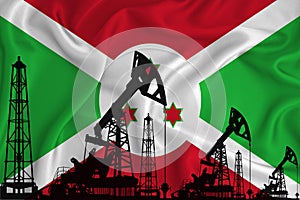 Developing Flag of Burundi. Silhouette of drilling rigs and oil rigs on a flag background. Oil and gas industry. The concept of