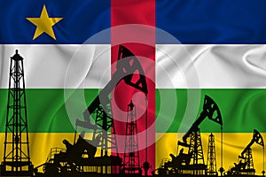 Developing Flag of Central African Republic. Silhouette of drilling rigs and oil rigs on a flag background. Oil and gas industry.