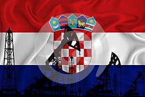Developing Flag of Croatia. Silhouette of drilling rigs and oil rigs on a flag background. Oil and gas industry. The concept of