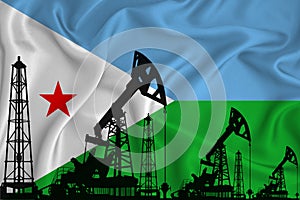 Developing Flag of Djibouti. Silhouette of drilling rigs and oil rigs on a flag background. Oil and gas industry. The concept of