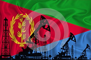 Developing Flag of Eritrea. Silhouette of drilling rigs and oil rigs on a flag background. Oil and gas industry. The concept of