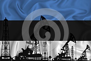 Developing Flag of estonia. Silhouette of drilling rigs and oil rigs on a flag background. Oil and gas industry. The concept of