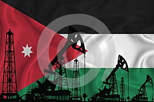 Developing Flag of Jordan. Silhouette of drilling rigs and oil rigs on a flag background. Oil and gas industry. The concept of oil