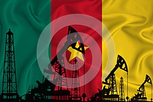 Developing Flag of kamerun. Silhouette of drilling rigs and oil rigs on a flag background. Oil and gas industry. The concept of