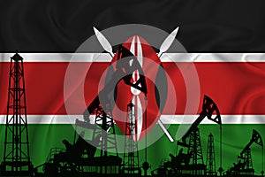 Developing Flag of kenya. Silhouette of drilling rigs and oil rigs on a flag background. Oil and gas industry. The concept of oil