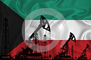 Developing Flag of kuwait. Silhouette of drilling rigs and oil rigs on a flag background. Oil and gas industry. The concept of oil