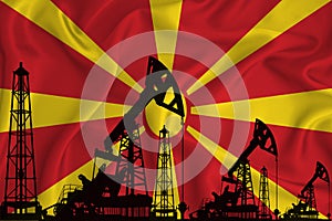 Developing Flag of macedonia. Silhouette of drilling rigs and oil rigs on a flag background. Oil and gas industry. The concept of