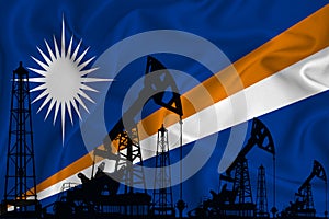 Developing Flag of Marshall Islands. Silhouette of drilling rigs and oil rigs on a flag background. Oil and gas industry. The