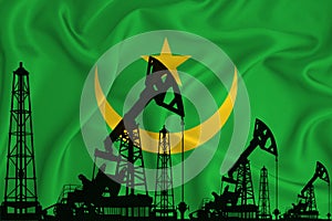 Developing Flag of mauritania. Silhouette of drilling rigs and oil rigs on a flag background. Oil and gas industry. The concept of