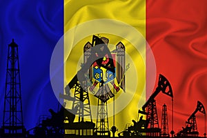 Developing Flag of Moldova. Silhouette of drilling rigs and oil rigs on a flag background. Oil and gas industry. The concept of