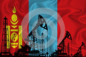 Developing Flag of mongolia. Silhouette of drilling rigs and oil rigs on a flag background. Oil and gas industry. The concept of