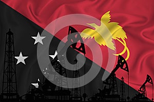 Developing Flag of Papua New Guinea. Silhouette of drilling rigs and oil rigs on a flag background. Oil and gas industry. The