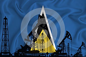 Developing Flag of Saint Lucia. Silhouette of drilling rigs and oil rigs on a flag background. Oil and gas industry. The concept