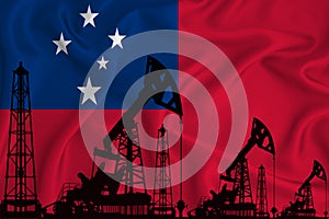 Developing Flag of Samoa. Silhouette of drilling rigs and oil rigs on a flag background. Oil and gas industry. The concept of oil
