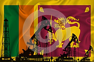 Developing Flag of Sri Lanka. Silhouette of drilling rigs and oil rigs on a flag background. Oil and gas industry. The concept of