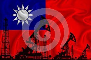 Developing Flag of Taiwan. Silhouette of drilling rigs and oil rigs on a flag background. Oil and gas industry. The concept of oil