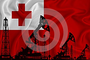 Developing Flag of USA. Silhouette of drilling rigs and oil rigs on a flag background. Oil and gas industry. The concept of oil