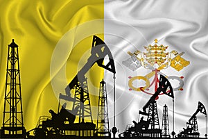 Developing Flag of Vatican. Silhouette of drilling rigs and oil rigs on a flag background. Oil and gas industry. The concept of