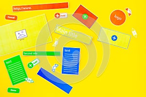 Developing internet site. Website design concept. Elements, blocks, instruments, tools for make site on yellow