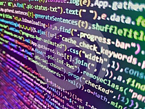 Developing programm. HTML website structure. Backend programming, software development concept background. Modern binary code photo