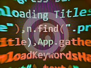 Developing programm. Javascript abstract computer script, random parts of program code. Programmer workplace. Screenshot with photo