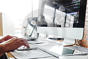 Developing programmer Development Website design and coding technologies working in software company office