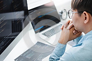 Developing programmer Development Website design and coding technologies working in software company office