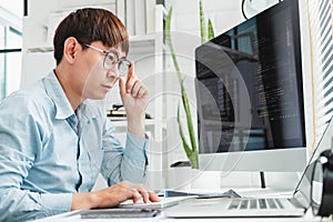Developing programmer Development Website design and coding technologies working in software company office