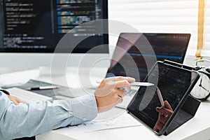 Developing programmer Development Website design and coding technologies working in software company office