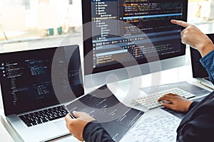 Developing programmer Team Development Website design and coding technologies working in software company office