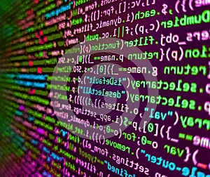 Developing programming binary code. Computer programming source code. Coding programmer abstract background. Programmer working in