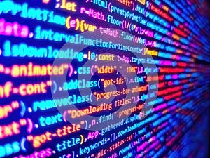 Developing programming binary code. Information technology website coding. Computer language script code screen. Program code with