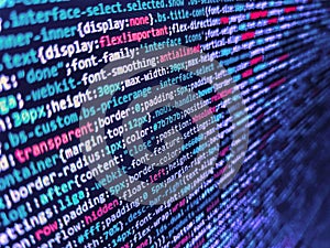 Developing programming binary code. Screen of web developing php code on dark background. Screenshot with random parts of program