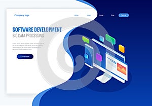 Developing programming and coding technologies concept. Website design. Big data processing, computing isometric vector