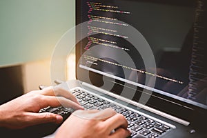 Developing programming and coding technologies on desk white blu