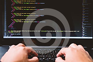 Developing programming and coding technologies on desk white blu