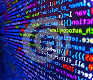 Developing programming and coding technologies. Developing programming binary code. Programming source code abstract screen of
