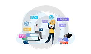 Developing programming and coding technologies and engineering development. Programmer or developer create code. Laptop screen wit