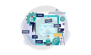 Developing programming and coding technologies and engineering development. Programmer or developer create code. Laptop screen wit