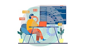 Developing programming and coding technologies and engineering development. Programmer or developer create code. Laptop screen wit