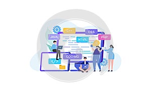 Developing programming and coding technologies and engineering development. Programmer or developer create code. Laptop screen wit