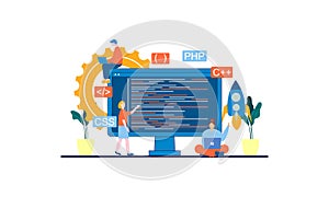 Developing programming and coding technologies and engineering development. Programmer or developer create code. Laptop screen wit