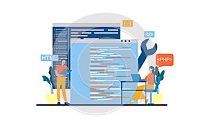 Developing programming and coding technologies and engineering development. Programmer or developer create code. Laptop screen wit